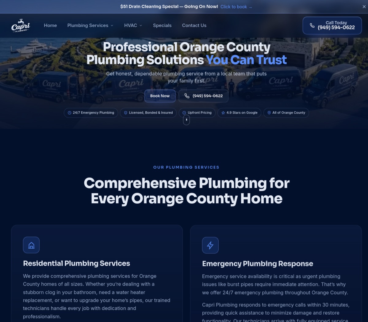 Capri Plumbing website — dark cinematic lead-generation site